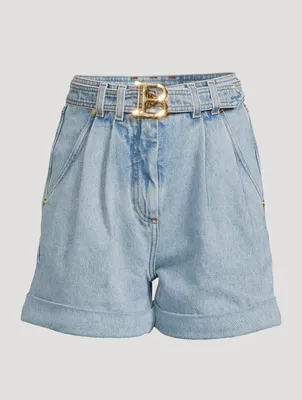 High-Waisted Belted Denim Shorts