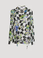 Silk-Blend Wrap Blouse Check Print