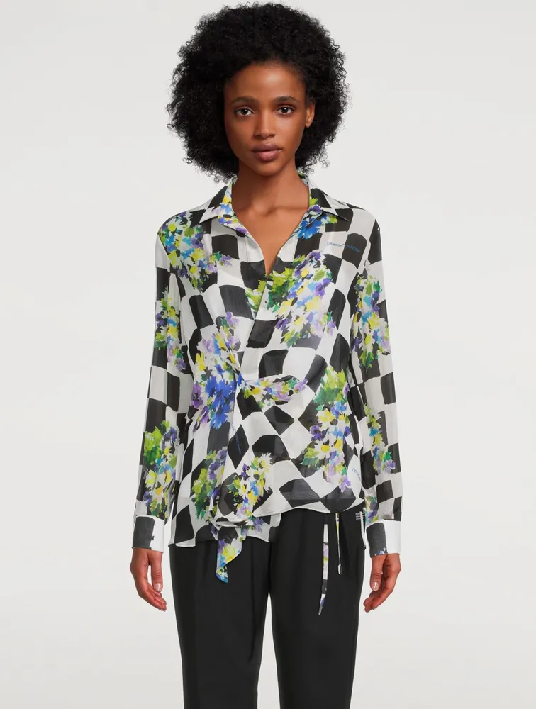 Silk-Blend Wrap Blouse Check Print