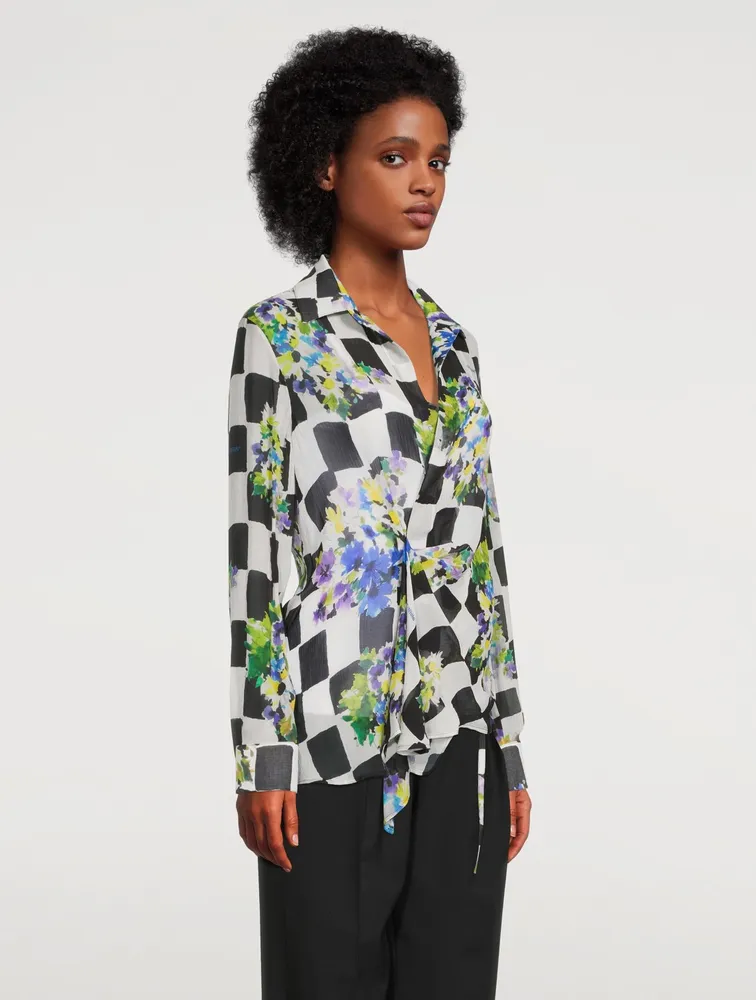 Silk-Blend Wrap Blouse Check Print