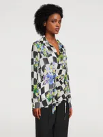 Silk-Blend Wrap Blouse Check Print