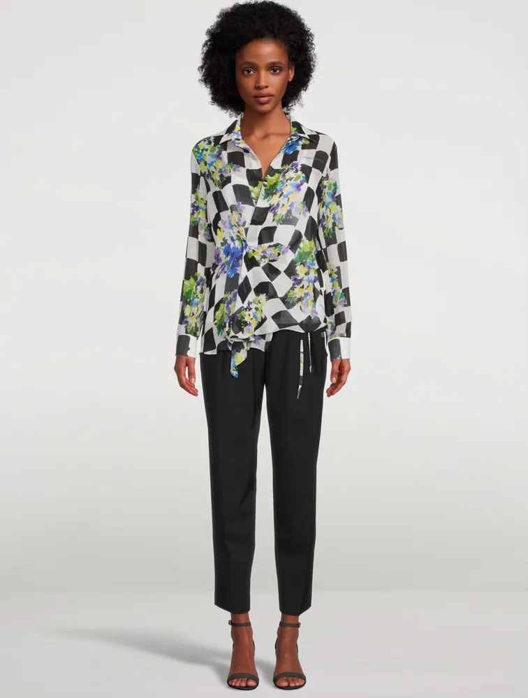 Silk-Blend Wrap Blouse Check Print