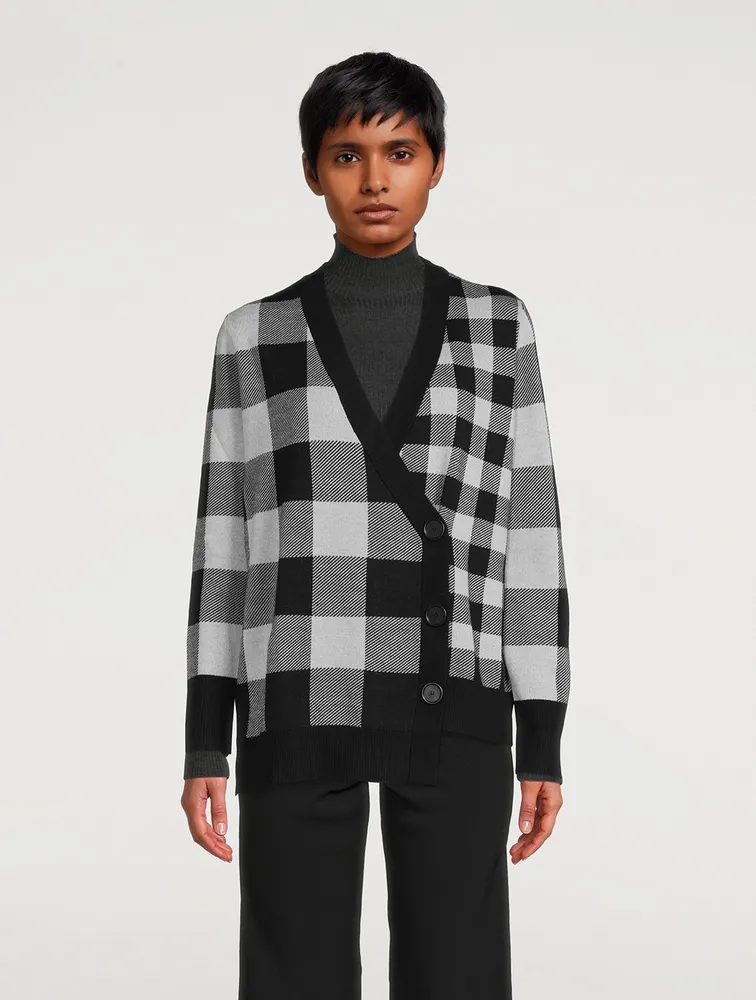 Asymmetric Jacquard Check Virgin Wool Cardigan