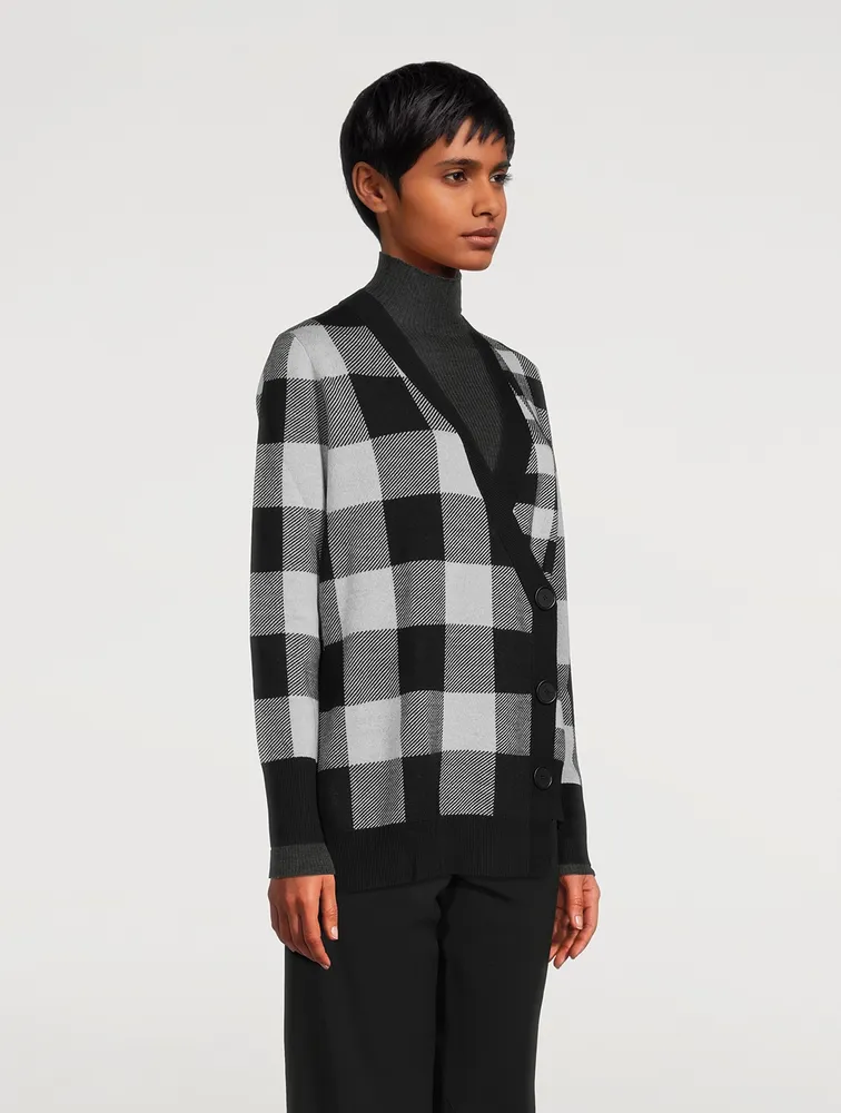 Asymmetric Jacquard Check Virgin Wool Cardigan