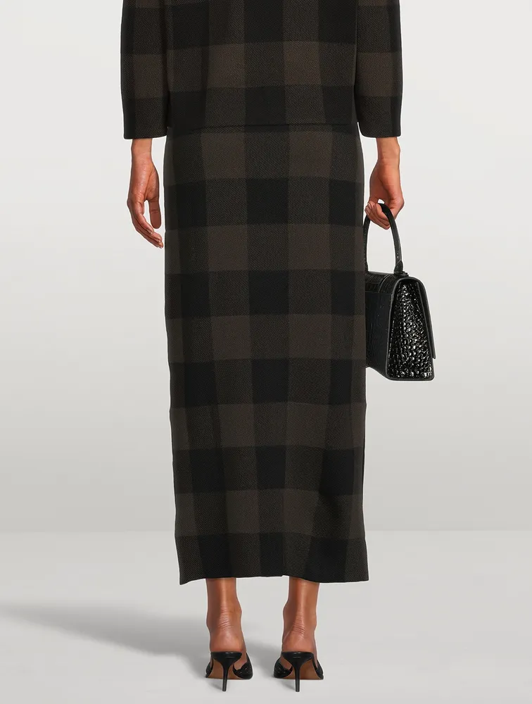 Stretch Virgin Wool Pencil Skirt Checkerboard Print