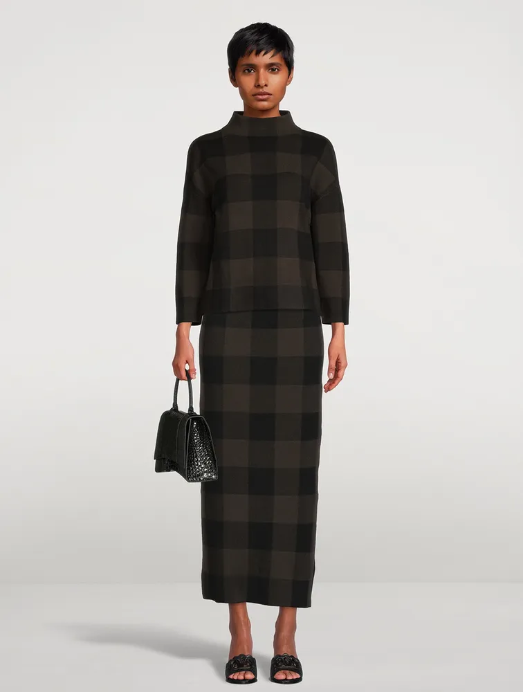 Stretch Virgin Wool Pencil Skirt Checkerboard Print
