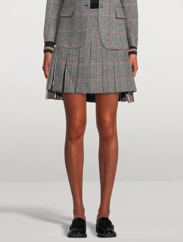 Windowpane Jacquard Dropped Back Pleated Mini Skirt