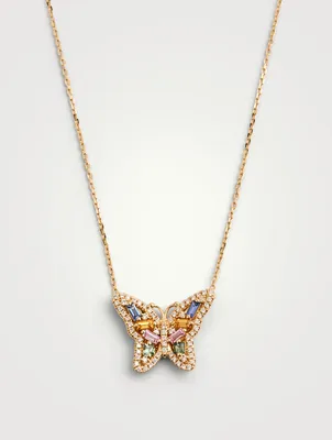 Fireworks 18K Gold Butterfly Pendant Necklace With Sapphire And Diamonds