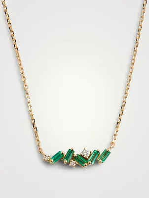 Mini Fireworks 18K Gold Bar Necklace With Emeralds And Diamonds