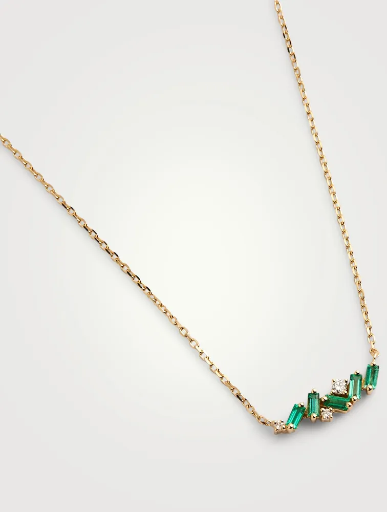 Mini Fireworks 18K Gold Bar Necklace With Emeralds And Diamonds