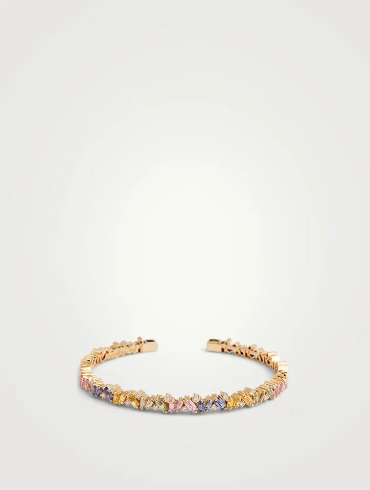 Fireworks Bliss 18K Gold Bangle Cuff Bracelet With Pastel Sapphires And Diamonds