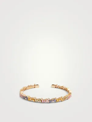 Fireworks Bliss 18K Gold Bangle Cuff Bracelet With Pastel Sapphires And Diamonds