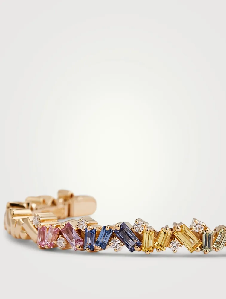 Fireworks Bliss 18K Gold Bangle Cuff Bracelet With Pastel Sapphires And Diamonds