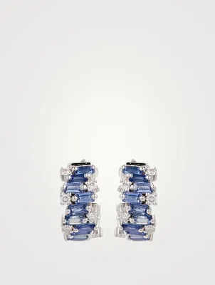 Fireworks 18K White Gold Huggie Hoop Earrings With Blue Sapphires And Diamonds