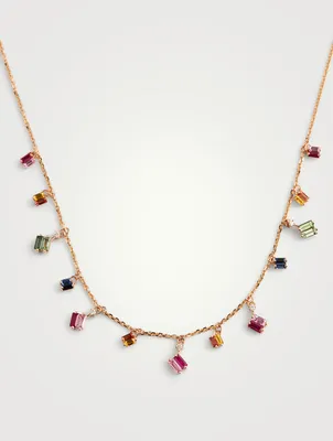 Fireworks 18K Rose Gold Cascade Necklace With Rainbow Sapphires And Diamonds