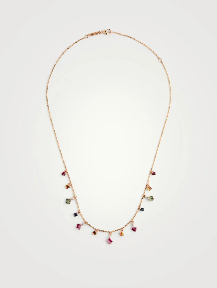 Fireworks 18K Rose Gold Cascade Necklace With Rainbow Sapphires And Diamonds