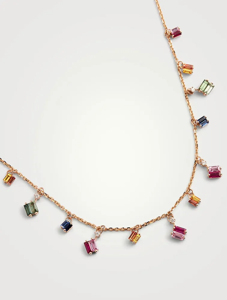 Fireworks 18K Rose Gold Cascade Necklace With Rainbow Sapphires And Diamonds