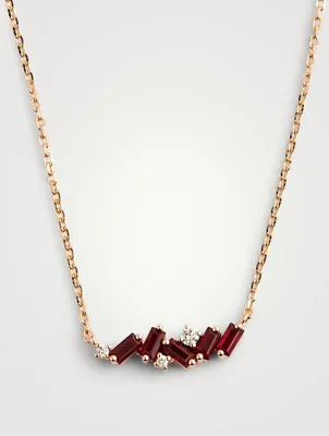 Mini Fireworks 18K Rose Gold Bar Necklace With Rubies And Diamonds