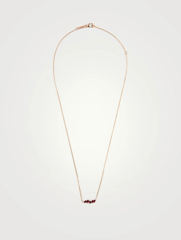 Mini Fireworks 18K Rose Gold Bar Necklace With Rubies And Diamonds