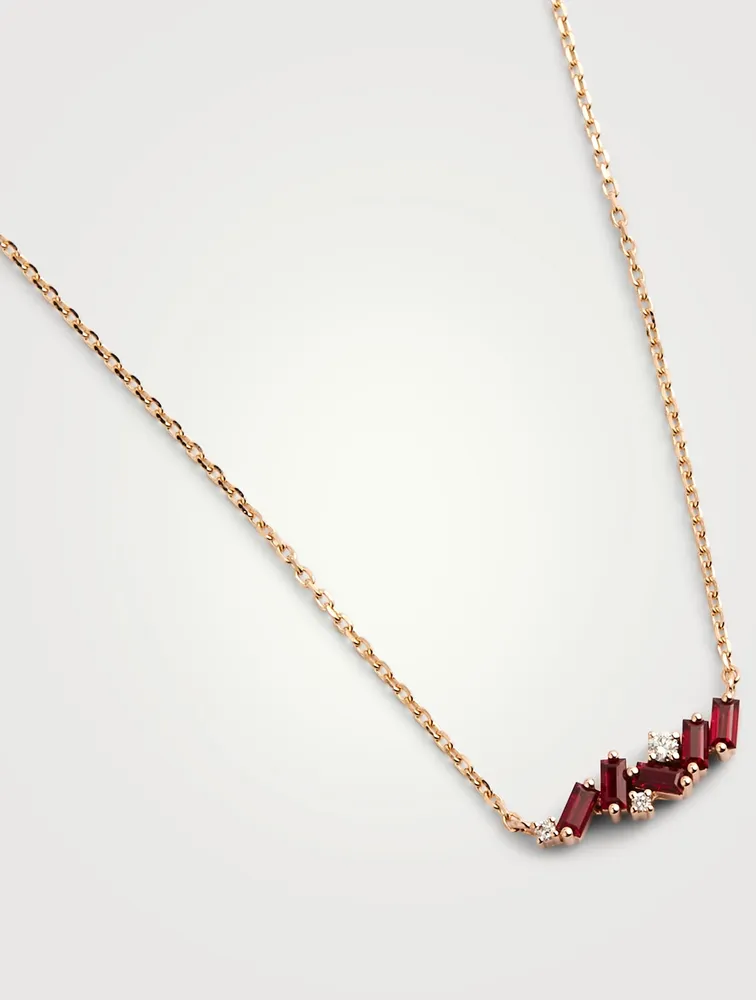 Mini Fireworks 18K Rose Gold Bar Necklace With Rubies And Diamonds