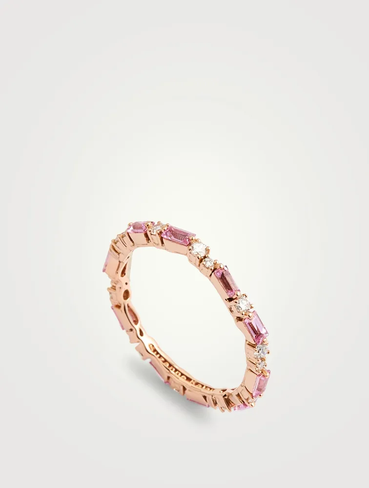 Fireworks 18K Rose Gold Thin Mix Eternity Band With Pink Sapphire And Diamonds