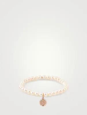 Pearl Beaded Bracelet With 14K Gold Diamond Disc Charm