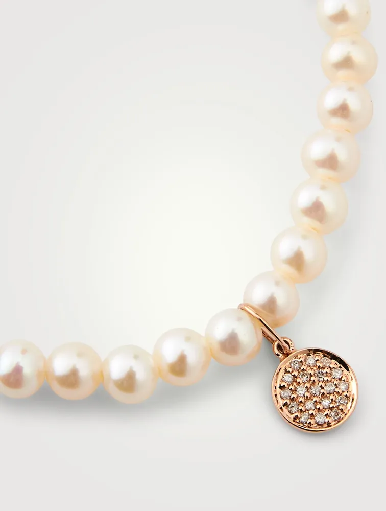 Pearl Beaded Bracelet With 14K Gold Diamond Disc Charm