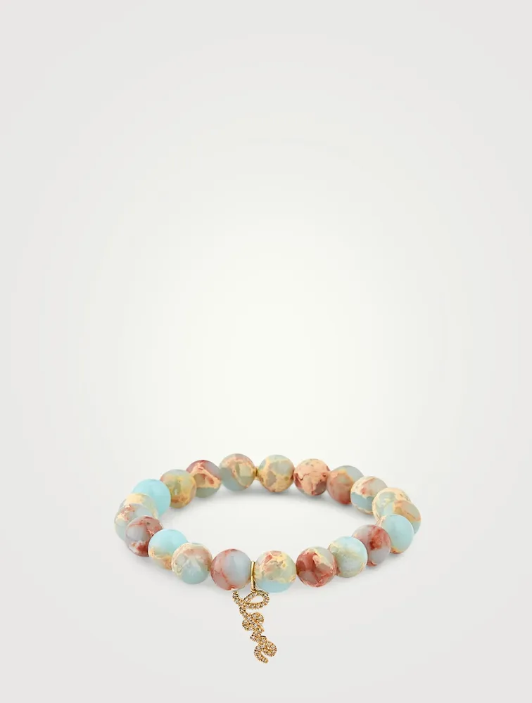 Jasper Beaded Bracelet With 14K Gold Diamond Love Charm