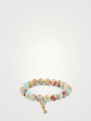 Jasper Beaded Bracelet With 14K Gold Diamond Love Charm