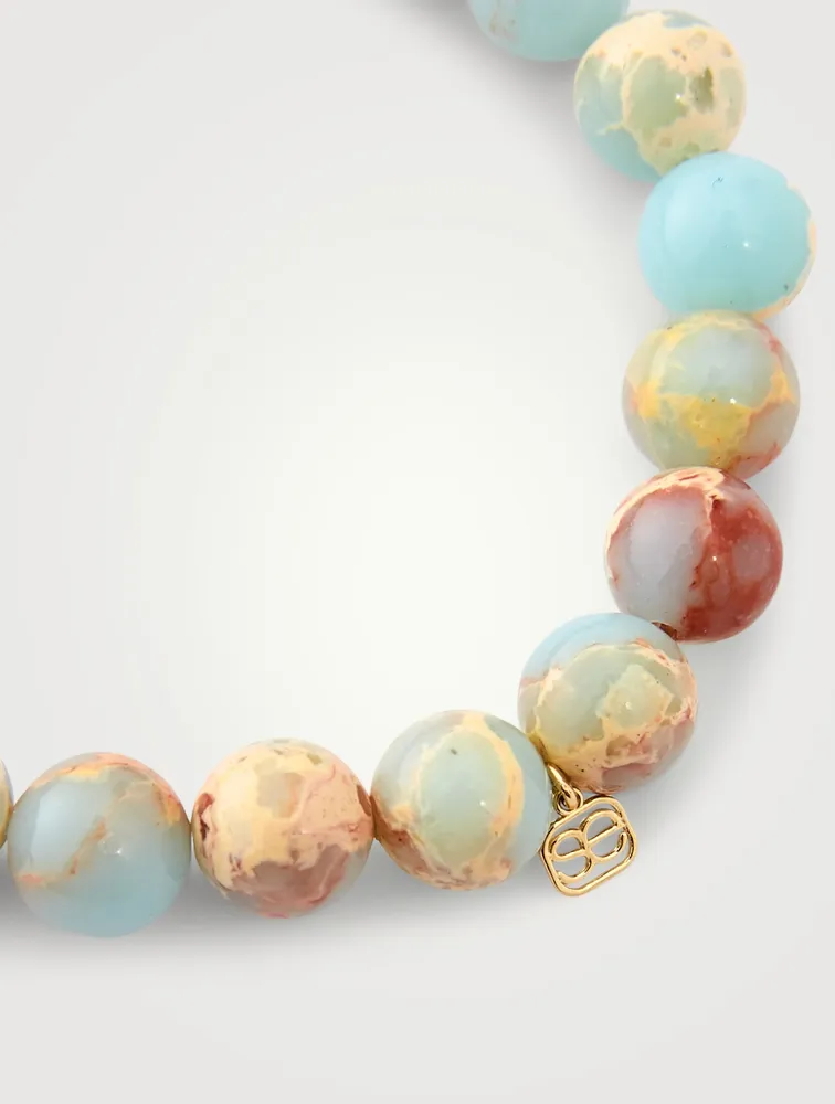 Jasper Beaded Bracelet With 14K Gold Diamond Love Charm