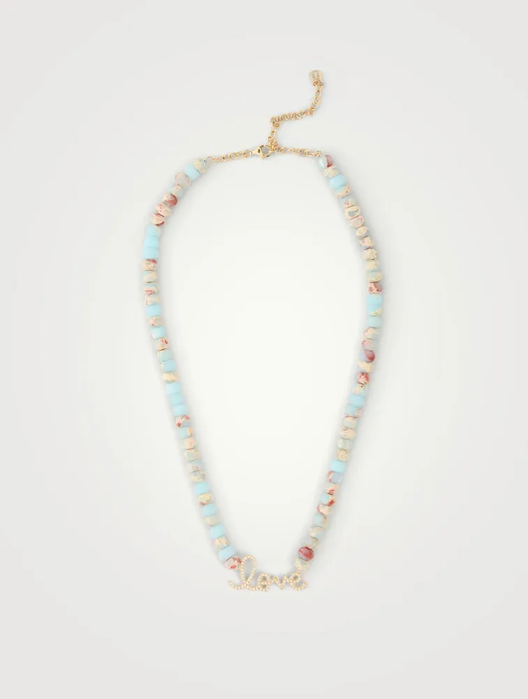 Jasper Beaded Necklace With 14K Gold Diamond Love Charm