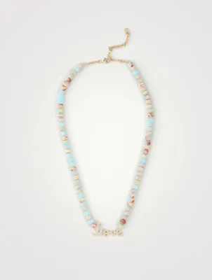 Jasper Beaded Necklace With 14K Gold Diamond Love Charm