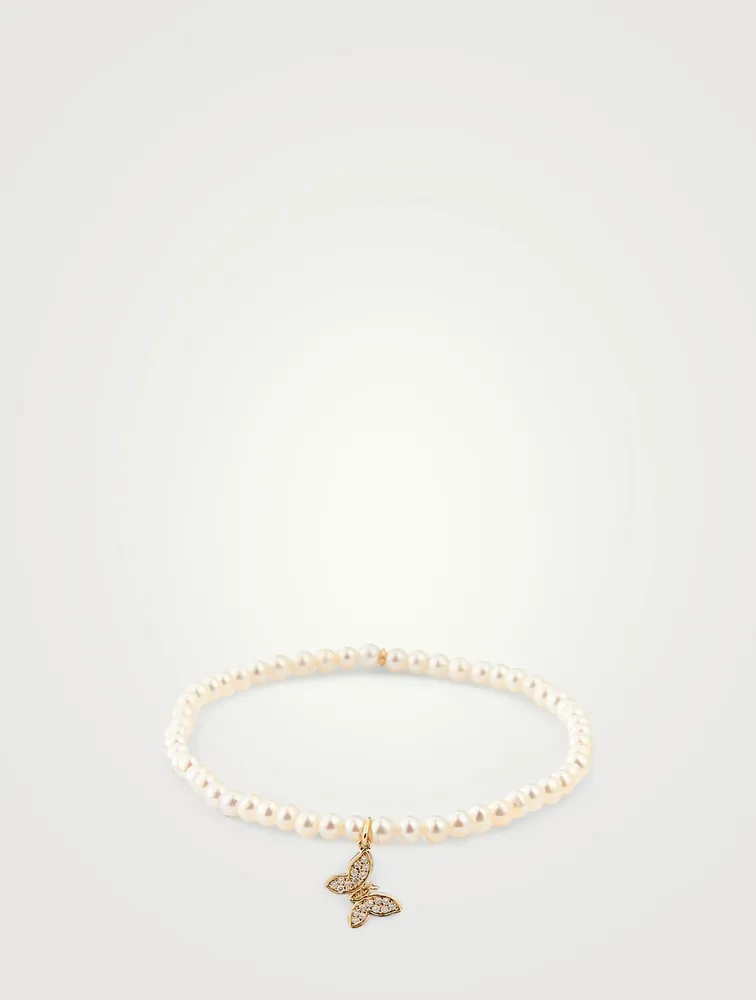 Pearl Bracelet With 14K Gold Diamond Butterfly Charm