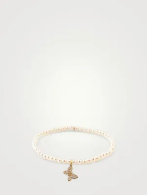 Pearl Bracelet With 14K Gold Diamond Butterfly Charm