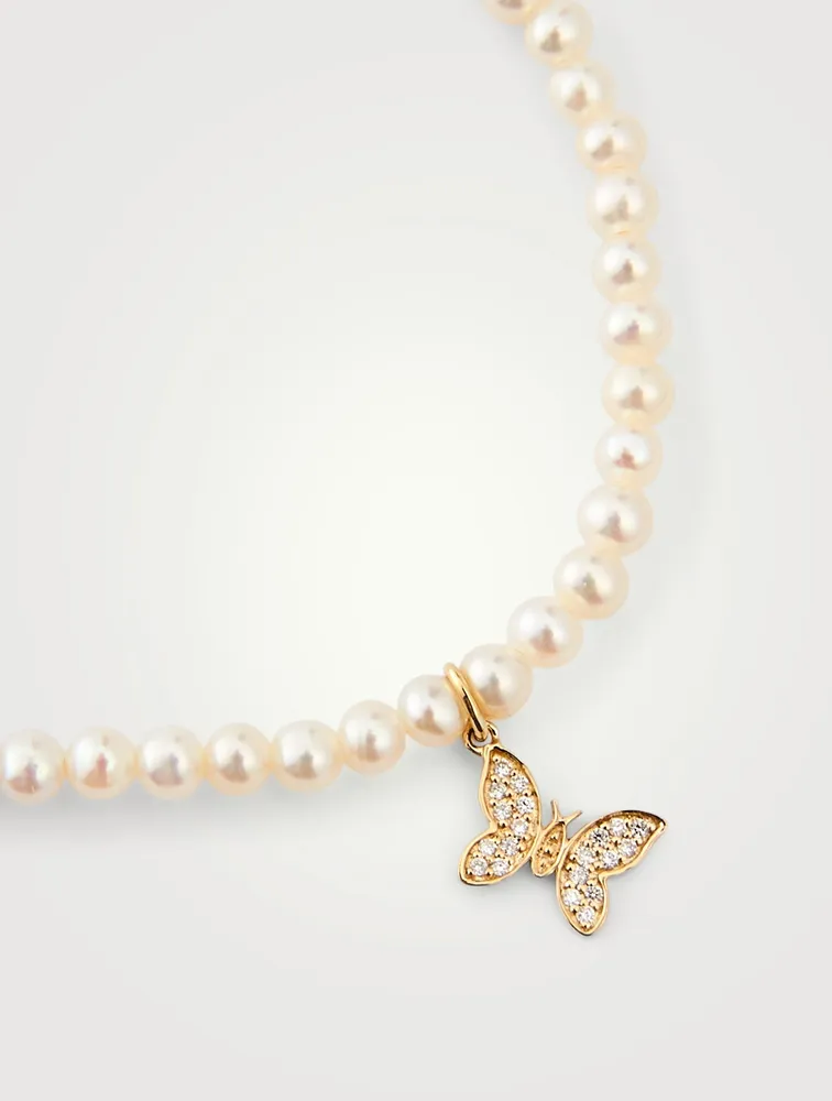 Pearl Bracelet With 14K Gold Diamond Butterfly Charm