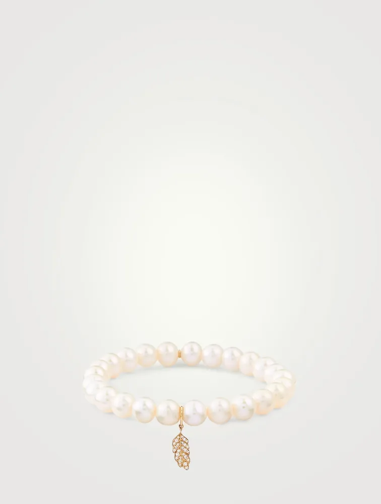 Pearl Bracelet With 14K Gold Diamond Feather Charm