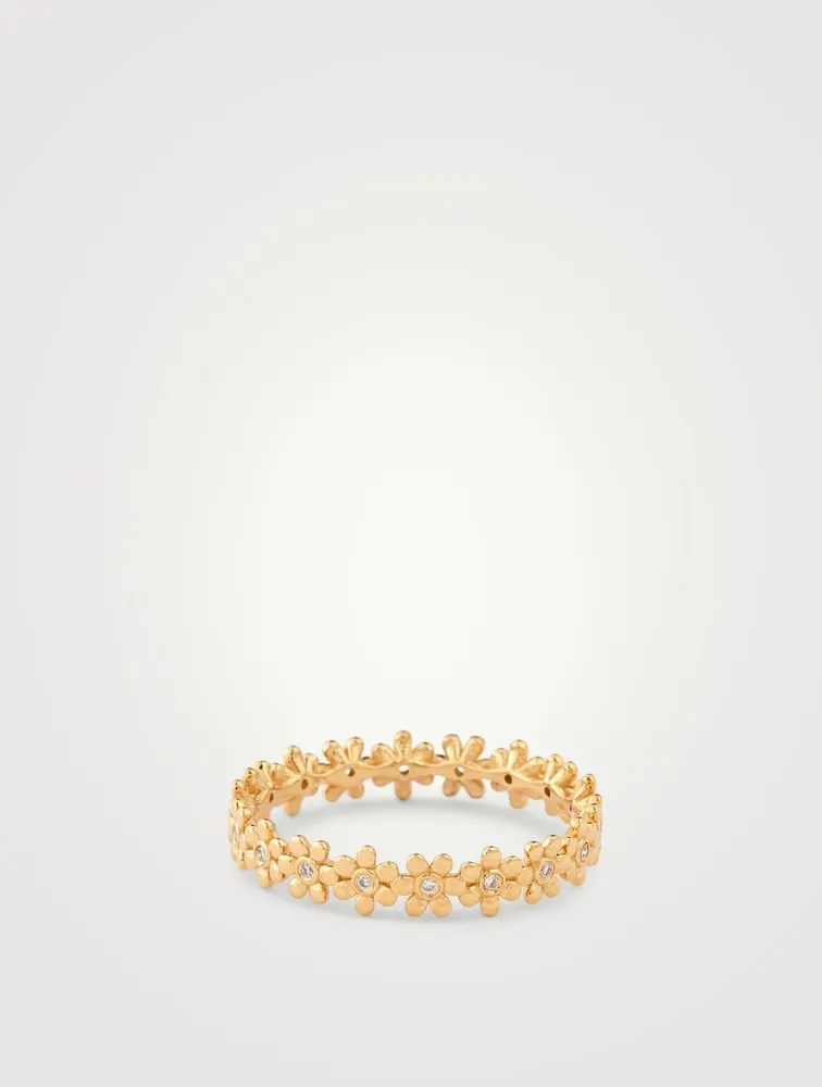 Tiny 14K Gold Daisy Eternity Ring With Diamonds