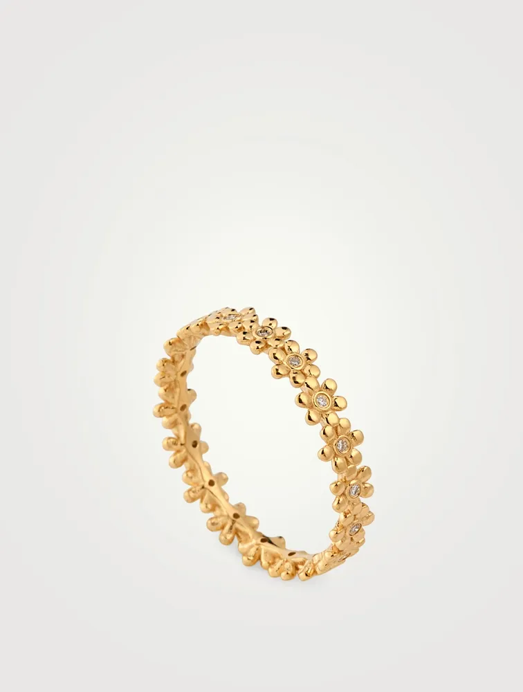 Tiny 14K Gold Daisy Eternity Ring With Diamonds