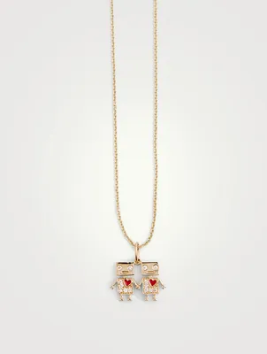 14K Gold Robots Necklace With Diamonds