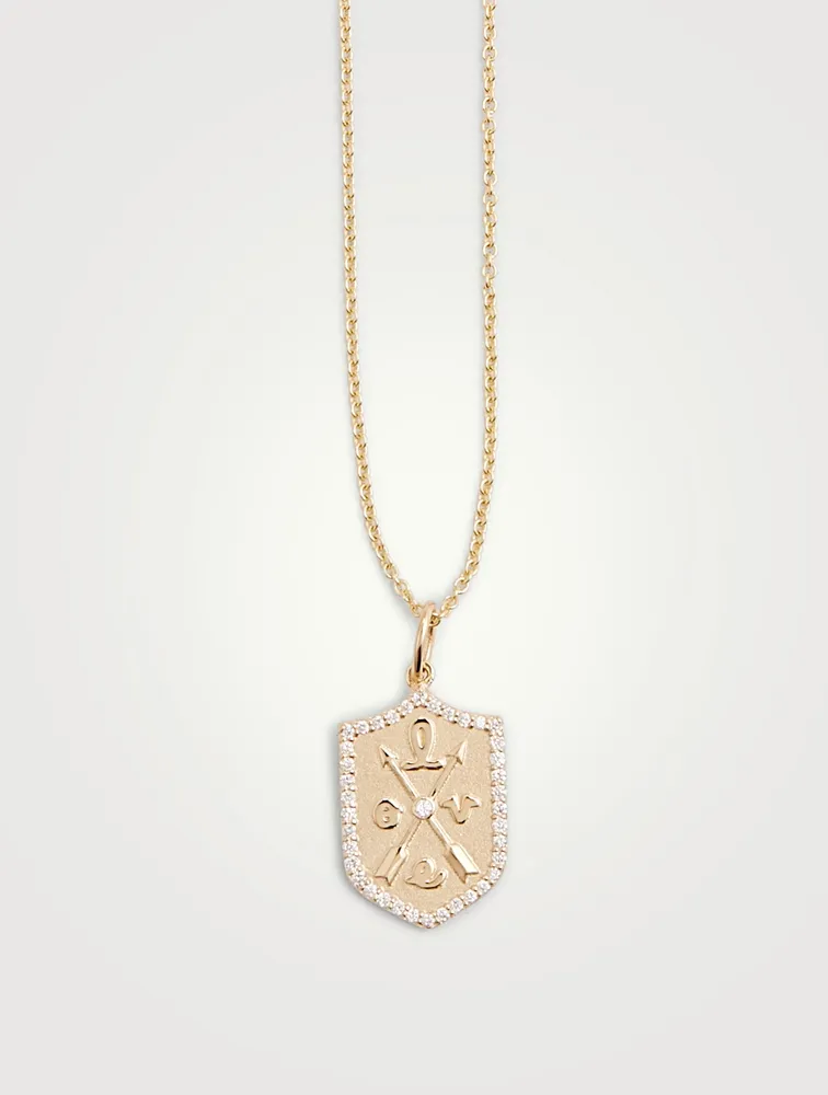 14K Gold Love Script Crest Necklace With Diamonds