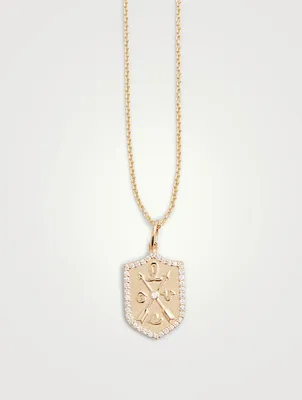 14K Gold Love Script Crest Necklace With Diamonds