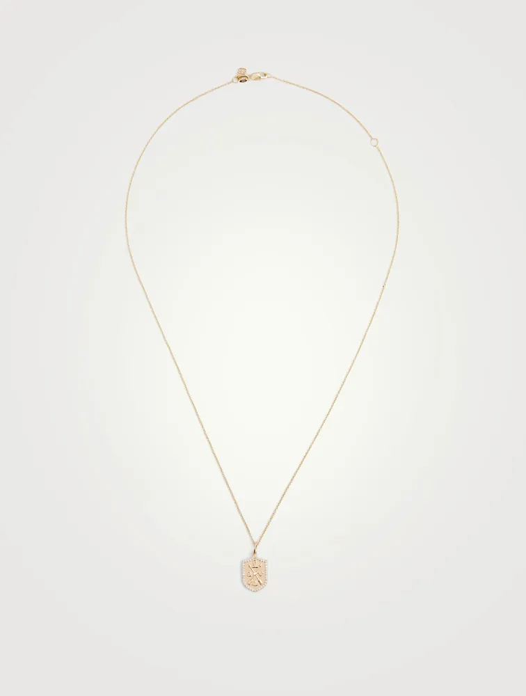 14K Gold Love Script Crest Necklace With Diamonds