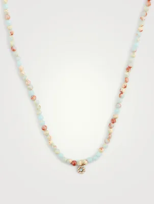 Beaded Jasper Necklace With 14K Rose Gold Diamond Flower Charm