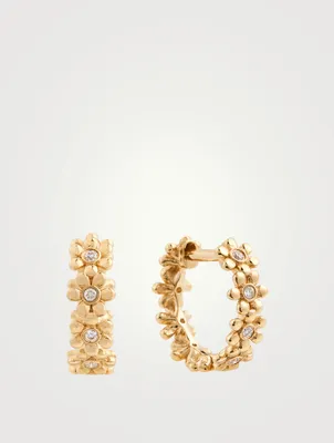 14K Gold Tiny Daisy Link Hoop Earrings With Diamonds