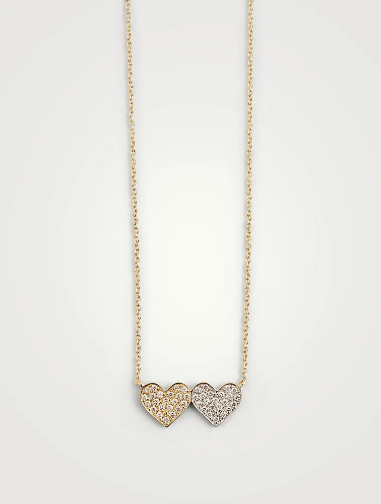 14K Gold Double Heart Necklace With Diamonds
