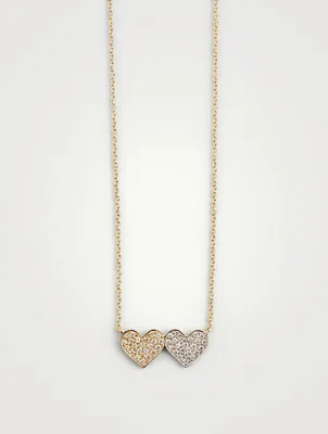 14K Gold Double Heart Necklace With Diamonds