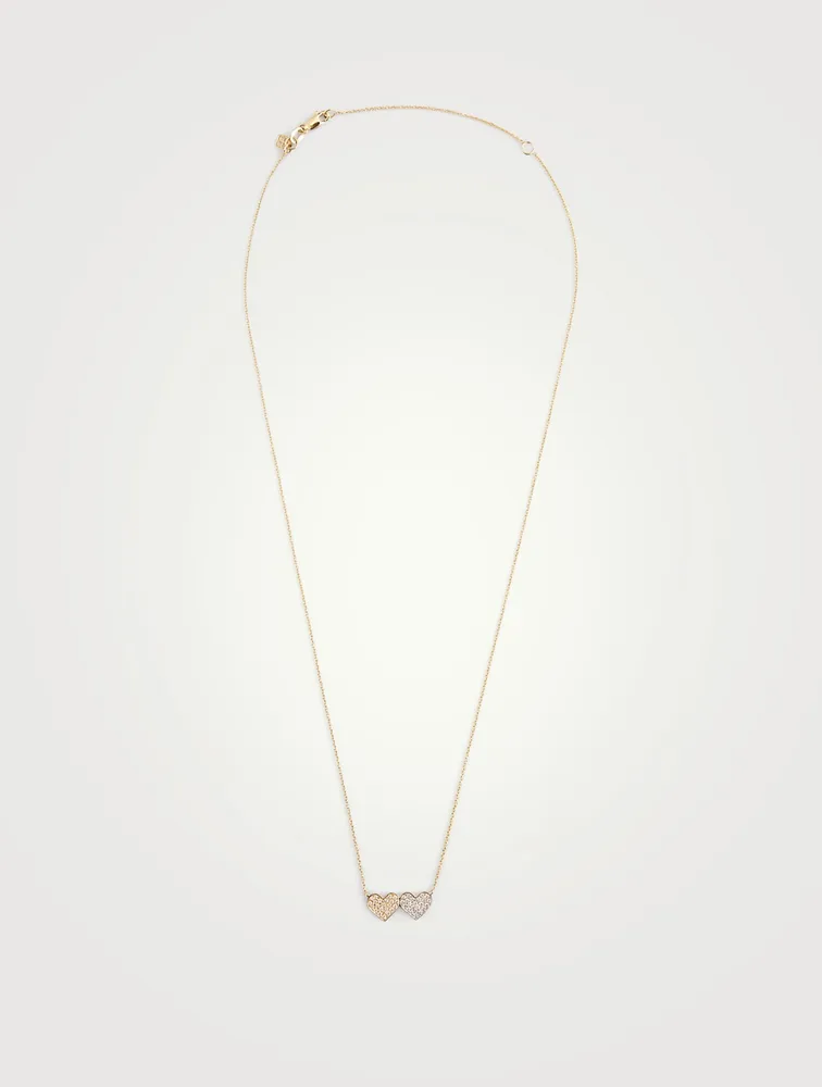 14K Gold Double Heart Necklace With Diamonds