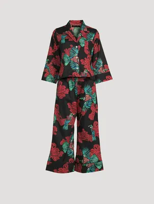 Boxy Shirt Cotton Pajama Set Passerine Print