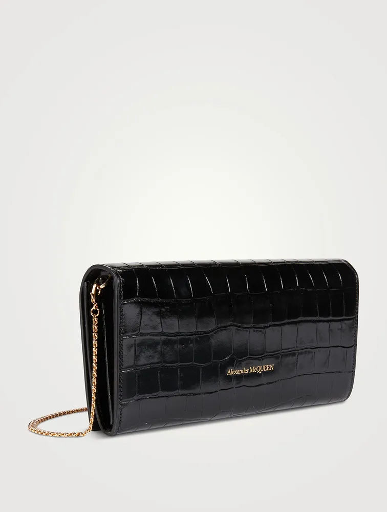 Croc-Embossed Leather Chain Wallet