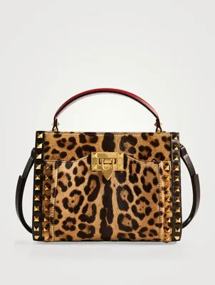 Small Alcove Rockstud Leather Top Handle Bag In Leopard Print